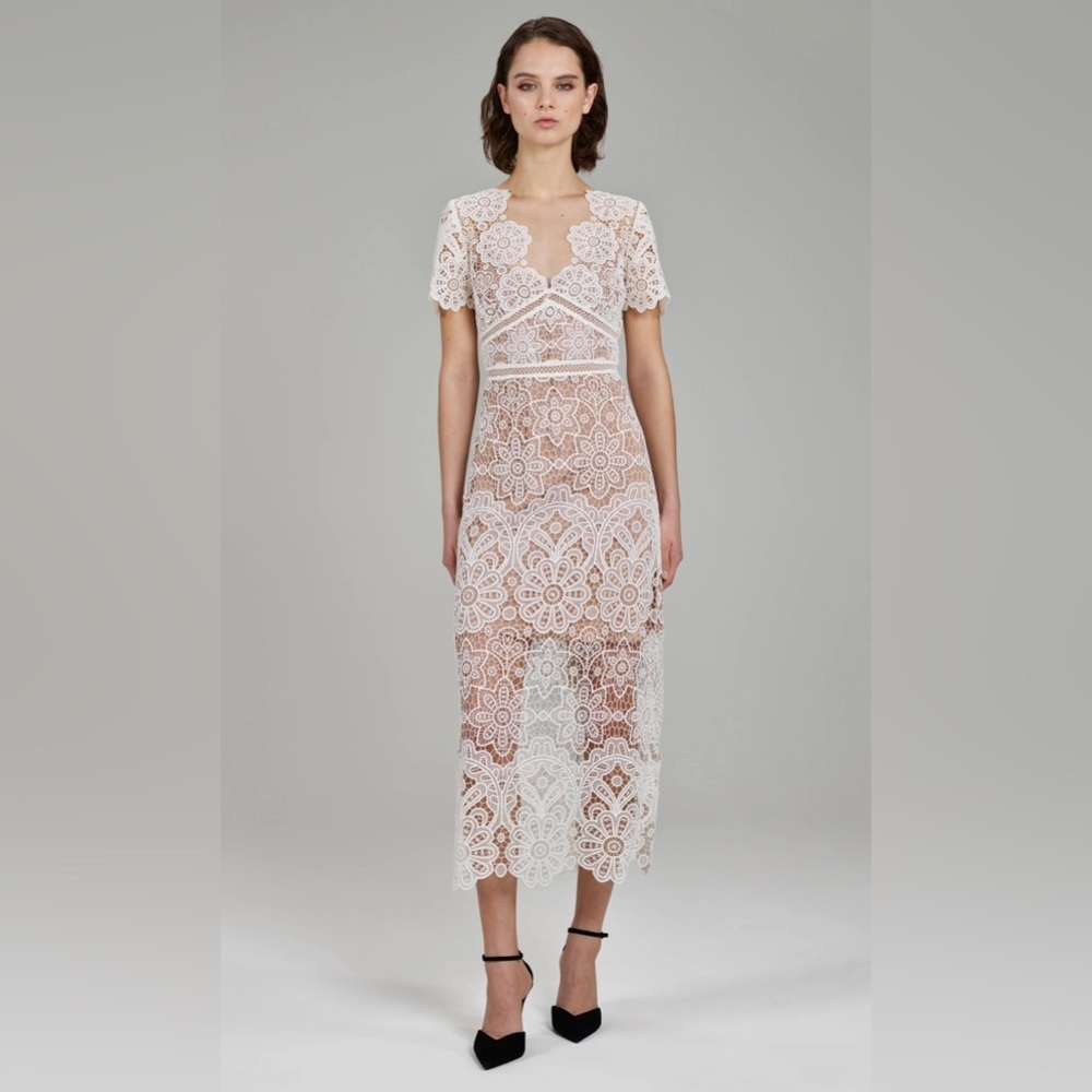 New! Self-Portrait Ivory Floral Guipure V-Neck Midi Dress - Picture 3 of 4